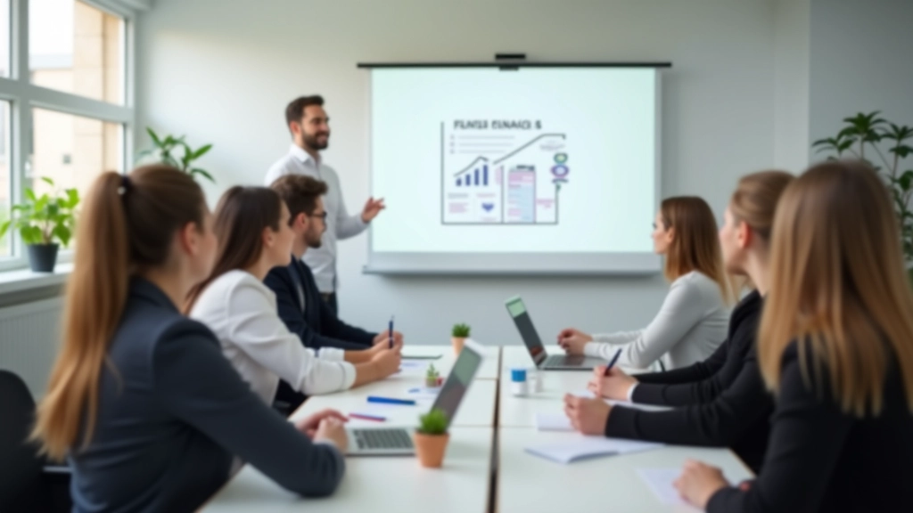 Finanšu izglītības klase ar apmācības materiāliem un studentiem